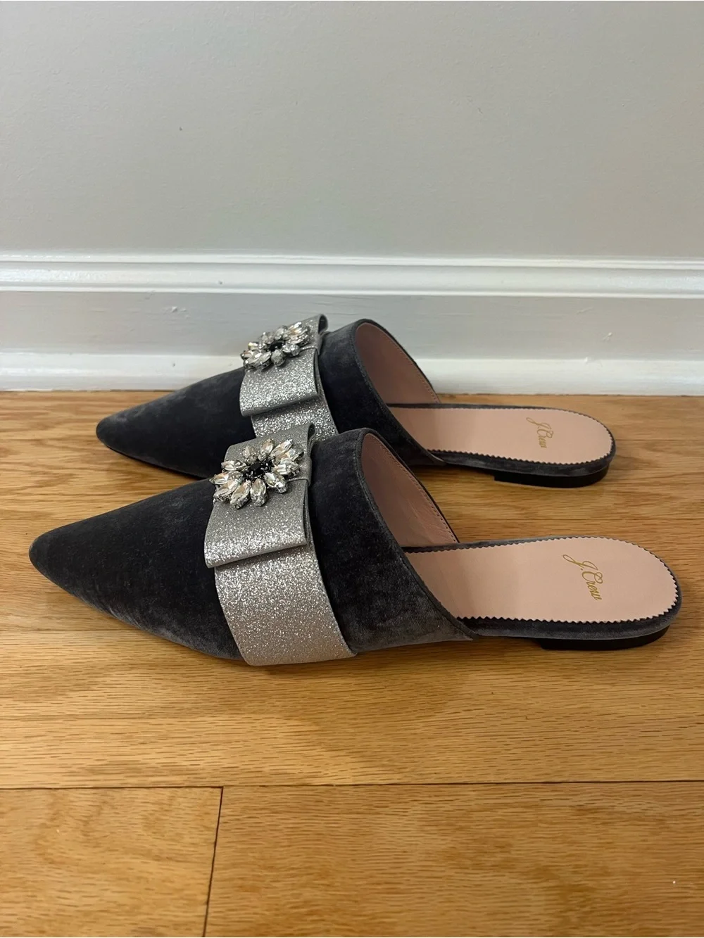 NWOT J.Crew Marina Velvet Jeweled Bow Mule Slides in Grey